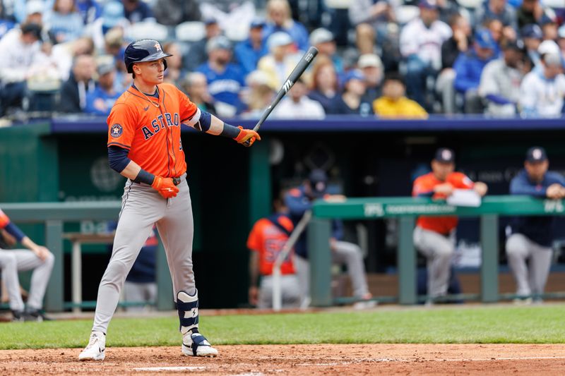Apr 27, 2025; Kansas City, Missouri, USA; Houston Astros outfielder Zach Dezenzo (9) at bat during the sixth inning against the Kansas City Royals at Kauffman Stadium. Mandatory Credit: William Purnell-Imagn Images