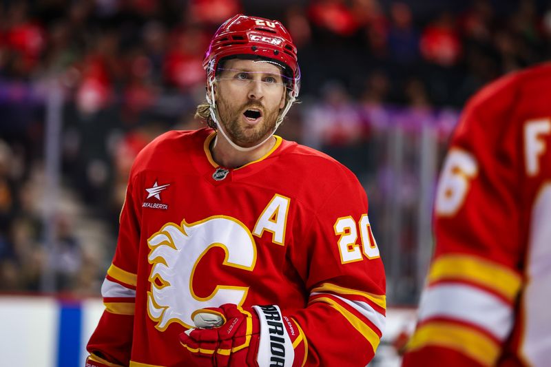 Mar 14, 2025; Calgary, Alberta, CAN; Calgary Flames left wing Blake Coleman (20) during the second period against the Colorado Avalanche at Scotiabank Saddledome. Mandatory Credit: Sergei Belski-Imagn Images