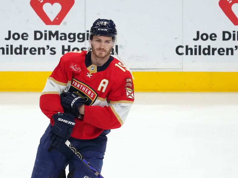 Jan 17, 2024; Sunrise, Florida, USA; Florida Panthers left wing Matthew Tkachuk (19) warms up prior to the game against the Detroit Red Wings at Amerant Bank Arena. Mandatory Credit: Jasen Vinlove-USA TODAY Sports