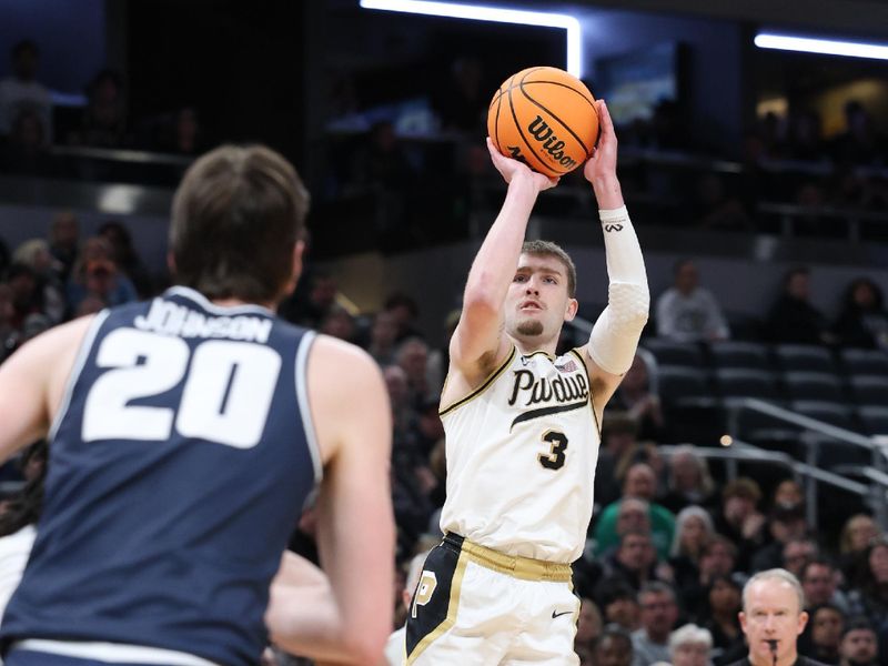 Mar 24, 2024; Indianapolis, IN, USA; Purdue Boilermakers guard Braden Smith (3) shoots against the Utah State Aggies during the second half at Gainbridge FieldHouse. Mandatory Credit: Trevor Ruszkowski-USA TODAY Sports