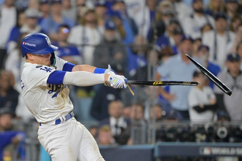 Oct 25, 2024; Los Angeles, California, USA; Los Angeles Dodgers third baseman Enrique Hernandez (8) flys out in the ninth inning against the New York Yankees during game one of the 2024 MLB World Series at Dodger Stadium. Mandatory Credit:  Jayne Kamin-Oncea-Imagn Images