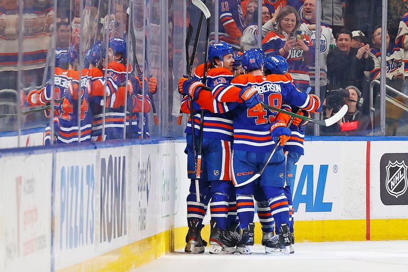 Jan 6, 2026; Edmonton, Alberta, CAN; The Edmonton Oilers celebrate a goal scored by forward Curtis Lazar (20) during the second period against the Nashville Predators at Rogers Place. Mandatory Credit: Perry Nelson-Imagn Images