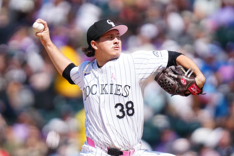 May 12, 2024; Denver, Colorado, USA; Colorado Rockies pitcher Victor Vodnik (38) in the sixth inning against the Texas Rangers at Coors Field. Mandatory Credit: Ron Chenoy-USA TODAY Sports