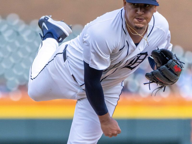 Aug 1, 2024; Detroit, Michigan, USA; Detroit Tigers starting pitcher Keider Montero (54) delivers a pitch in the first inning against the Kansas City Royals at Comerica Park. Mandatory Credit: David Reginek-USA TODAY Sports