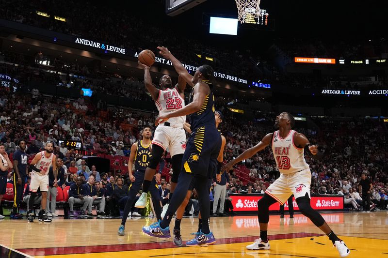 MIAMI, FL - FEBRUARY 8: Jimmy Butler #22 of the Miami Heat drives to the basket during the game against the Indiana Pacers on February 8, 2023 at Miami-Dade Arena in Miami, Florida. NOTE TO USER: User expressly acknowledges and agrees that, by downloading and or using this Photograph, user is consenting to the terms and conditions of the Getty Images License Agreement. Mandatory Copyright Notice: Copyright 2023 NBAE (Photo by Eric Espada/NBAE via Getty Images)