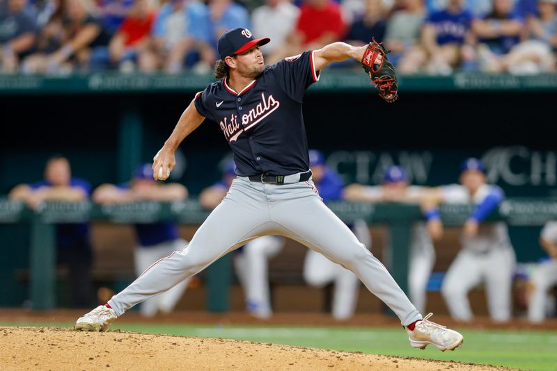 May 1, 2024; Arlington, Texas, USA; Washington Nationals pitcher Kyle Finnegan (67) closes out the game against the Texas Rangers at Globe Life Field. Mandatory Credit: Andrew Dieb-USA TODAY Sports