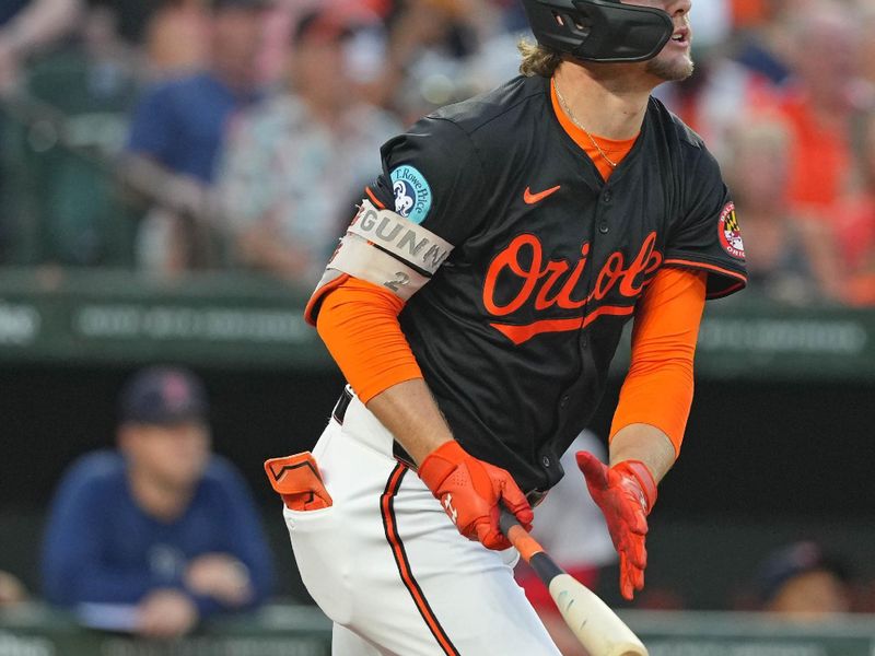 Aug 15, 2024; Baltimore, Maryland, USA; Baltimore Orioles  shortstop Gunnar Henderson (2) connects on a two run home run in the fourth inning against the Boston Red Sox at Oriole Park at Camden Yards. Mandatory Credit: Mitch Stringer-USA TODAY Sports