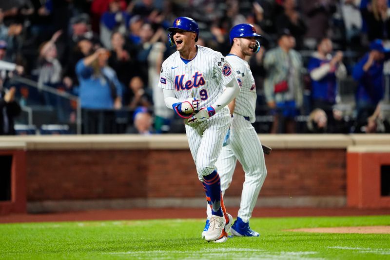 Sep 22, 2024; New York City, New York, USA; New York Mets left fielder Brandon Nimmo (9) reacts to hitting a home run as he rounds the bases against the Philadelphia Phillies during the sixth inning at Citi Field. Mandatory Credit: Gregory Fisher-Imagn Images