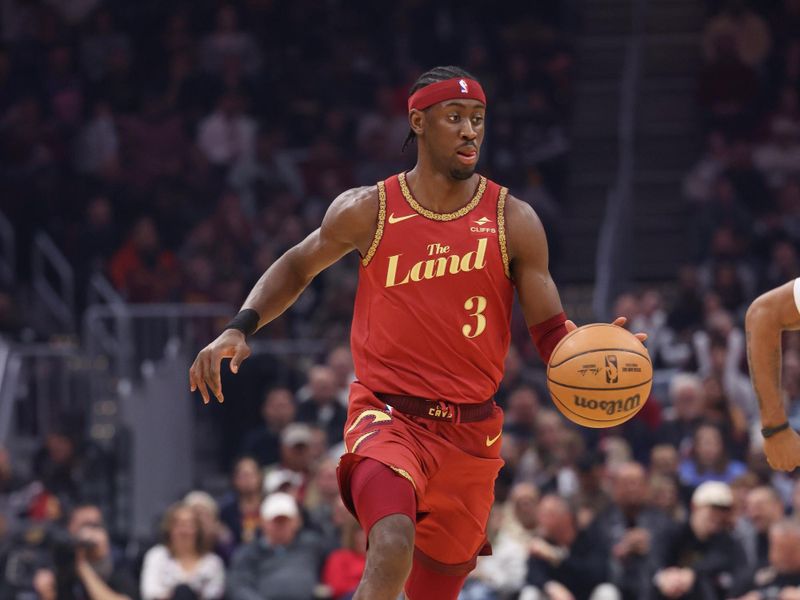 CLEVELAND, OH - JANUARY 29:  Caris LeVert #3 of the Cleveland Cavaliers handles the ball during the game   on January 29, 2024 at Rocket Mortgage FieldHouse in Cleveland, Ohio. NOTE TO USER: User expressly acknowledges and agrees that, by downloading and/or using this Photograph, user is consenting to the terms and conditions of the Getty Images License Agreement. Mandatory Copyright Notice: Copyright 2024 NBAE (Photo by  Lauren Leigh Bacho/NBAE via Getty Images)