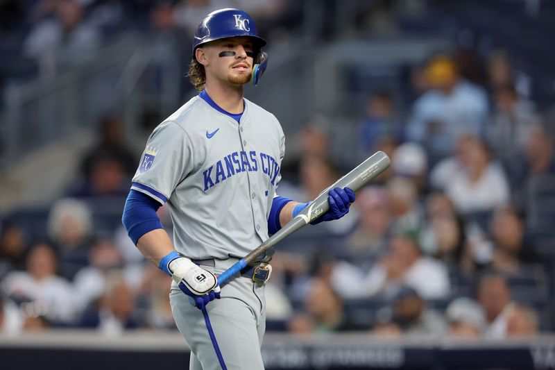 Sep 9, 2024; Bronx, New York, USA; Kansas City Royals shortstop Bobby Witt Jr. (7) reacts after striking out during the first inning against the New York Yankees at Yankee Stadium. Mandatory Credit: Brad Penner-Imagn Images