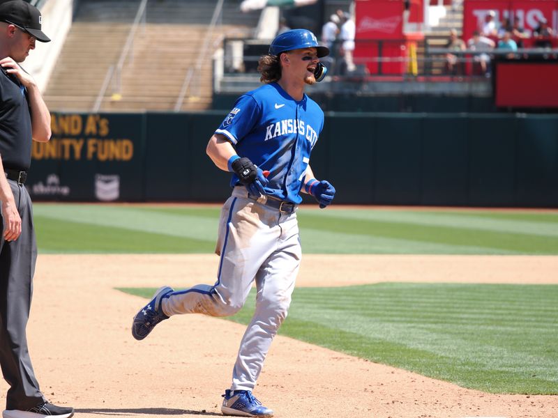 Aug 23, 2023; Oakland, California, USA; Kansas City Royals shortstop Bobby Witt Jr. (7) rounds the bases on a solo home run against the Oakland Athletics during the fifth inning at Oakland-Alameda County Coliseum. Mandatory Credit: Kelley L Cox-USA TODAY Sports