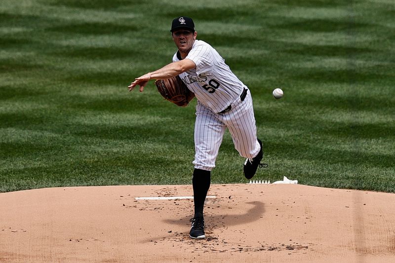 Jun 20, 2024; Denver, Colorado, USA; Colorado Rockies starting pitcher Ty Blach (50) pitches in the first inning against the Los Angeles Dodgers at Coors Field. Mandatory Credit: Isaiah J. Downing-USA TODAY Sports