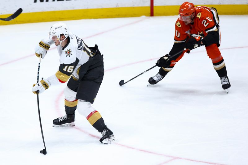 Nov 13, 2024; Anaheim, California, USA; Vegas Golden Knights left wing Pavel Dorofeyev (16) shoots against the Anaheim Ducks during the third period of a hockey game at Honda Center. Mandatory Credit: Jessica Alcheh-Imagn Images