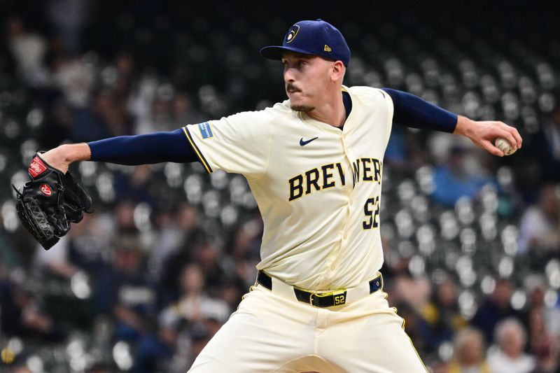 Apr 17, 2024; Milwaukee, Wisconsin, USA; Milwaukee Brewers pitcher Bryan Hudson (52)  throws a pitch against the San Diego Padres in the sixth inning at American Family Field. Mandatory Credit: Benny Sieu-USA TODAY Sports