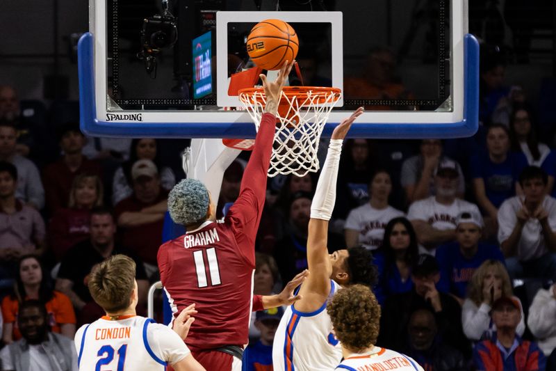 Jan 13, 2024; Gainesville, Florida, USA; Arkansas Razorbacks forward Jalen Graham (11) shoots the ball against Florida Gators guard Will Richard (5) during the second half at Exactech Arena at the Stephen C. O'Connell Center. Mandatory Credit: Matt Pendleton-USA TODAY Sports