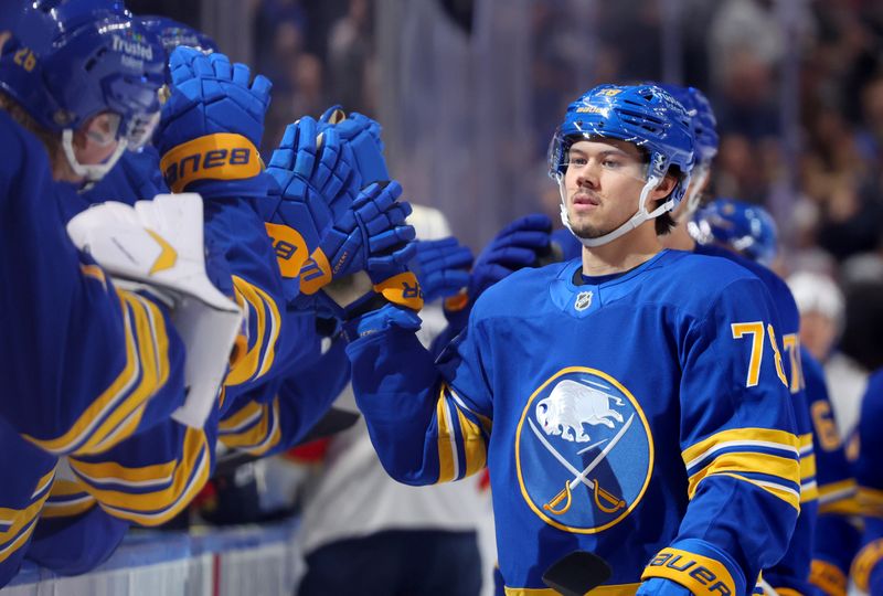 Jan 12, 2026; Buffalo, New York, USA;  Buffalo Sabres defenseman Jacob Bryson (78) celebrates his goal with teammates during the first period against the Florida Panthers at KeyBank Center. Mandatory Credit: Timothy T. Ludwig-Imagn Images