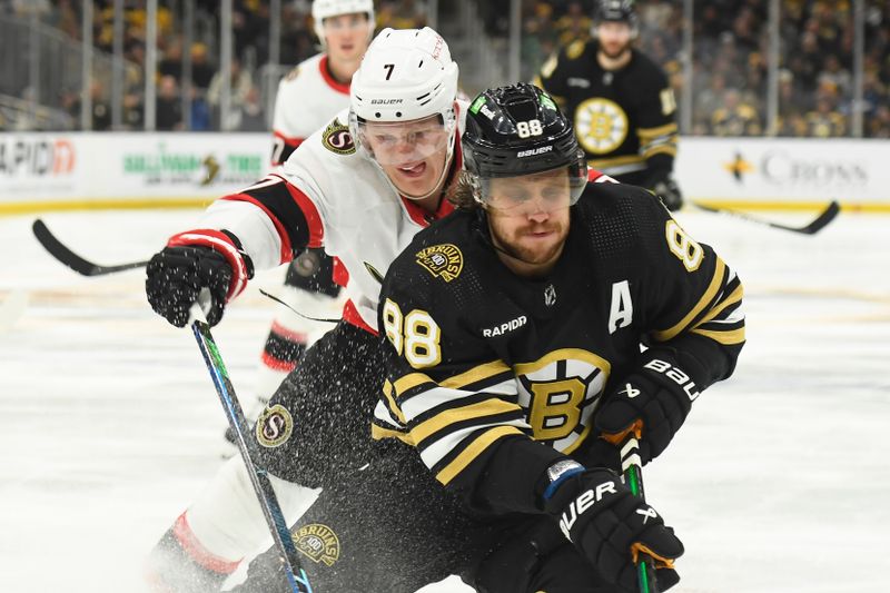 Mar 19, 2024; Boston, Massachusetts, USA;  Ottawa Senators left wing Brady Tkachuk (7) tries to poke the puck from Boston Bruins right wing David Pastrnak (88) during the third period at TD Garden. Mandatory Credit: Bob DeChiara-USA TODAY Sports