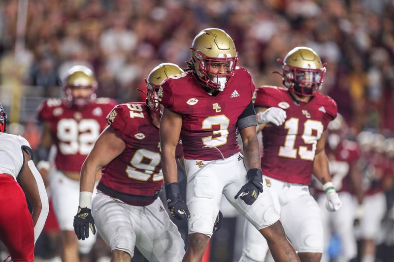 Oct 16, 2021; Chestnut Hill, Massachusetts, USA; Boston College Eagles cornerback Jason Maitre (3) reacts after breaking up a pass against the North Carolina State Wolfpack during the first half at Alumni Stadium. Mandatory Credit: Paul Rutherford-USA TODAY Sports