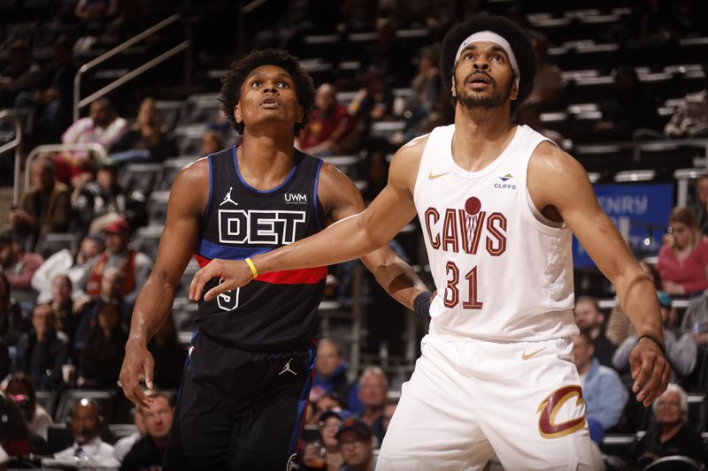 DETROIT, MI - MARCH 1: Jarrett Allen #31 of the Cleveland Cavaliers and Ausar Thompson #9 of the Detroit Pistons  on March 1, 2024 at Little Caesars Arena in Detroit, Michigan. NOTE TO USER: User expressly acknowledges and agrees that, by downloading and/or using this photograph, User is consenting to the terms and conditions of the Getty Images License Agreement. Mandatory Copyright Notice: Copyright 2024 NBAE (Photo by Brian Sevald/NBAE via Getty Images)