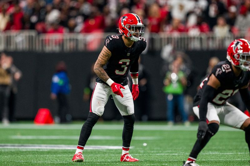 Atlanta Falcons safety Jessie Bates III (3) works during the first half of an NFL football game against the New Orleans Saints, Sunday, Nov. 26, 2023, in Atlanta. The Atlanta Falcons won 24-15. (AP Photo/Danny Karnik)