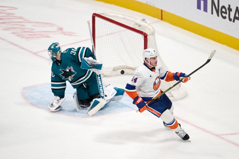 Mar 7, 2026; San Jose, California, USA; New York Islanders center Bo Horvat (14) scores the game-winning goal against San Jose Sharks goaltender Yaroslav Askarov (30) in the overtime period at SAP Center at San Jose. Mandatory Credit: Robert Edwards-Imagn Images