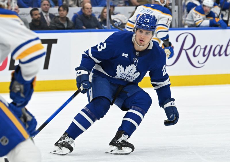 Oct 25, 2025; Toronto, Ontario, CAN; Toronto Maple Leafs left wing Matthew Knies (23) in action against the Buffalo Sabres in the first period at Scotiabank Arena. Mandatory Credit: Gerry Angus-Imagn Images