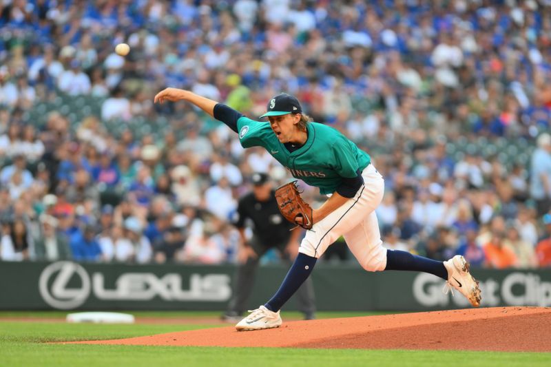 Aug 10, 2024; Seattle, Washington, USA; Seattle Mariners starting pitcher Logan Gilbert (36) pitches to the New York Mets during the first inning at T-Mobile Park. Mandatory Credit: Steven Bisig-USA TODAY Sports