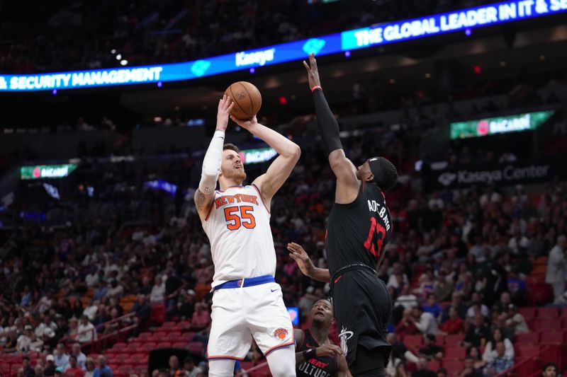 MIAMI, FL - APRIL 2: Isaiah Hartenstein #55 of the New York Knicks shoots the ball during the game against the Miami Heat  on April 2, 2024 at Kaseya Center in Miami, Florida. NOTE TO USER: User expressly acknowledges and agrees that, by downloading and or using this Photograph, user is consenting to the terms and conditions of the Getty Images License Agreement. Mandatory Copyright Notice: Copyright 2024 NBAE (Photo by Eric Espada/NBAE via Getty Images)