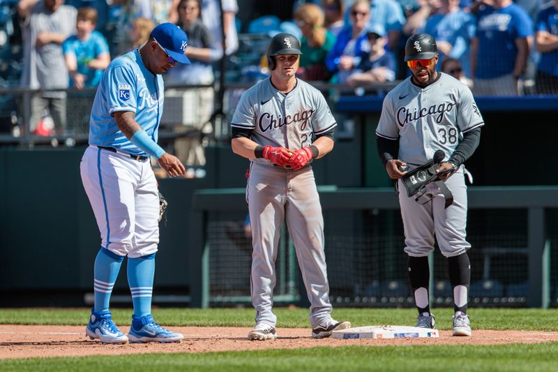 Apr 7, 2024; Kansas City, Missouri, USA; Chicago White Sox outfielder Andrew Benintendi (23) on first base after a hit during the ninth inning  at Kauffman Stadium. Mandatory Credit: William Purnell-USA TODAY Sports