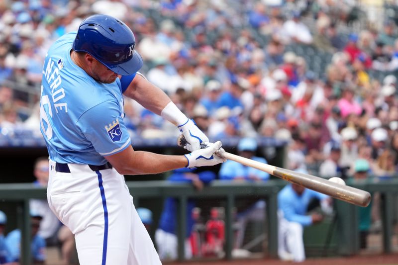 Mar 6, 2024; Surprise, Arizona, USA; Kansas City Royals right fielder Hunter Renfroe (16) bats against the Seattle Mariners during the first inning at Surprise Stadium. Mandatory Credit: Joe Camporeale-USA TODAY Sports