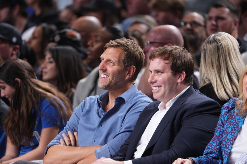 DALLAS, TX - MARCH 13: Dirk Nowitzki smiles during the Golden State Warriors game against the Dallas Mavericks on March 13, 2024 at the American Airlines Center in Dallas, Texas. NOTE TO USER: User expressly acknowledges and agrees that, by downloading and or using this photograph, User is consenting to the terms and conditions of the Getty Images License Agreement. Mandatory Copyright Notice: Copyright 2024 NBAE (Photo by Glenn James/NBAE via Getty Images)