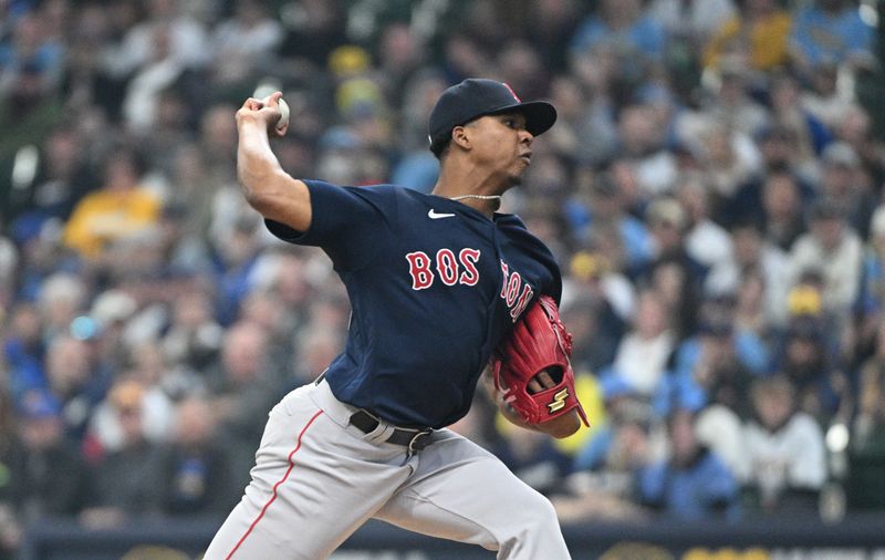 Apr 23, 2023; Milwaukee, Wisconsin, USA; Boston Red Sox starting pitcher Brayan Bello (66) delivers against the Milwaukee Brewers in the first inning at American Family Field. Mandatory Credit: Michael McLoone-USA TODAY Sports