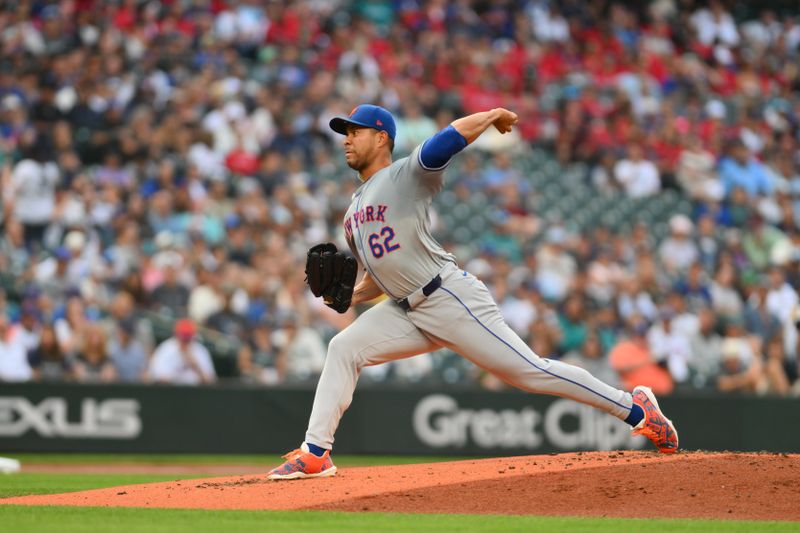 Aug 9, 2024; Seattle, Washington, USA; New York Mets starting pitcher Jose Quintana (62) pitches to the Seattle Mariners during the first inning at T-Mobile Park. Mandatory Credit: Steven Bisig-USA TODAY Sports