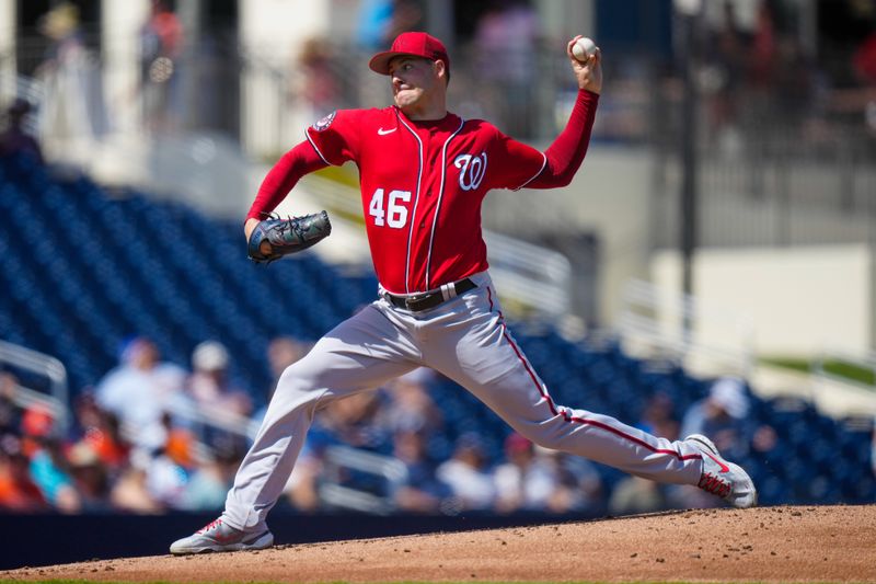 Mar 5, 2023; West Palm Beach, Florida, USA; Washington Nationals starting pitcher Patrick Corbin (46) throws a pitch against the Houston Astros during the first inning at The Ballpark of the Palm Beaches. Mandatory Credit: Rich Storry-USA TODAY Sports