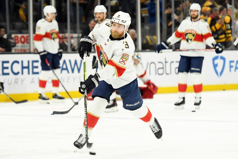 May 17, 2024; Boston, Massachusetts, USA; Florida Panthers center Sam Bennett (9) shoots the puck during warmups prior to game six of the second round of the 2024 Stanley Cup Playoffs against the Boston Bruins at TD Garden. Mandatory Credit: Bob DeChiara-USA TODAY Sports