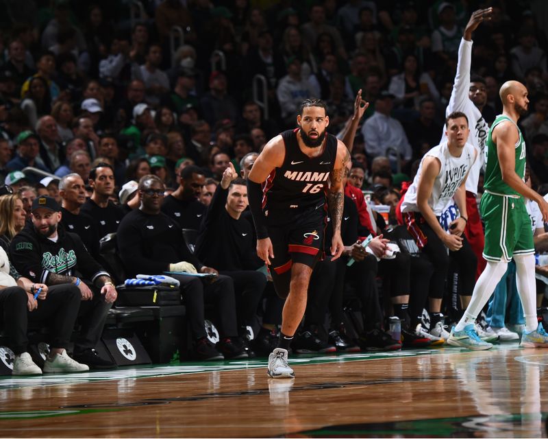 BOSTON, MA - APRIL 24: Caleb Martin #16 of the Miami Heat looks on during the game against the Boston Celtics during Round 1 Game 2 of the 2024 NBA Playoffs on April 24, 2024 at the TD Garden in Boston, Massachusetts. NOTE TO USER: User expressly acknowledges and agrees that, by downloading and or using this photograph, User is consenting to the terms and conditions of the Getty Images License Agreement. Mandatory Copyright Notice: Copyright 2024 NBAE  (Photo by Brian Babineau/NBAE via Getty Images)