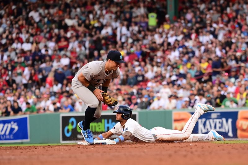 Jun 16, 2024; Boston, Massachusetts, USA; Boston Red Sox center fielder Ceddanne Rafaela (43) steals second base and runs to third base on a throwing error by New York Yankees catcher Jose Trevino (39) (not pictured) during the second inning at Fenway Park. Mandatory Credit: Eric Canha-USA TODAY Sports