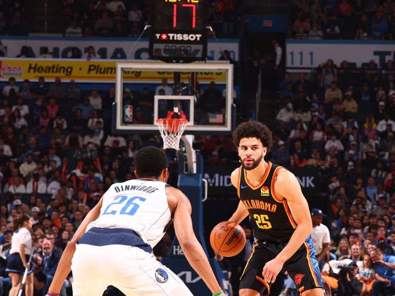 OKLAHOMA CITY, OK - NOVEMBER 17: Ajay Mitchell #25 of the Oklahoma City Thunder dribbles the ball during the game against the Dallas Mavericks on November 17, 2024 at Paycom Center in Oklahoma City, Oklahoma. NOTE TO USER: User expressly acknowledges and agrees that, by downloading and or using this photograph, User is consenting to the terms and conditions of the Getty Images License Agreement. Mandatory Copyright Notice: Copyright 2024 NBAE (Photo by Zach Beeker/NBAE via Getty Images)