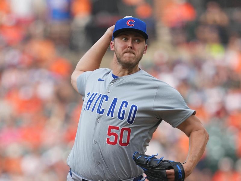 Jul 9, 2024; Baltimore, Maryland, USA; Chicago Cubs pitcher Jameson Taillon (50) throws a pitch in the first inning against the Baltimore Orioles at Oriole Park at Camden Yards. Mandatory Credit: Mitch Stringer-USA TODAY Sports