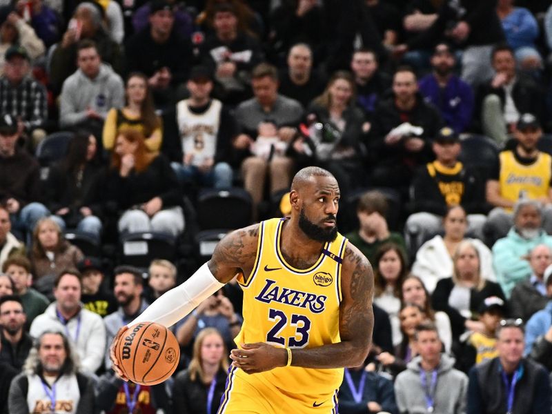 SALT LAKE CITY, UT - FEBRUARY 12: LeBron James #23 of the Los Angeles Lakers handles the ball during the game against the Utah Jazz on February 12, 2025 at Delta Center in Salt Lake City, Utah. NOTE TO USER: User expressly acknowledges and agrees that, by downloading and or using this Photograph, User is consenting to the terms and conditions of the Getty Images License Agreement. Mandatory Copyright Notice: Copyright 2025 NBAE (Photo by Jamie Sabau/NBAE via Getty Images)