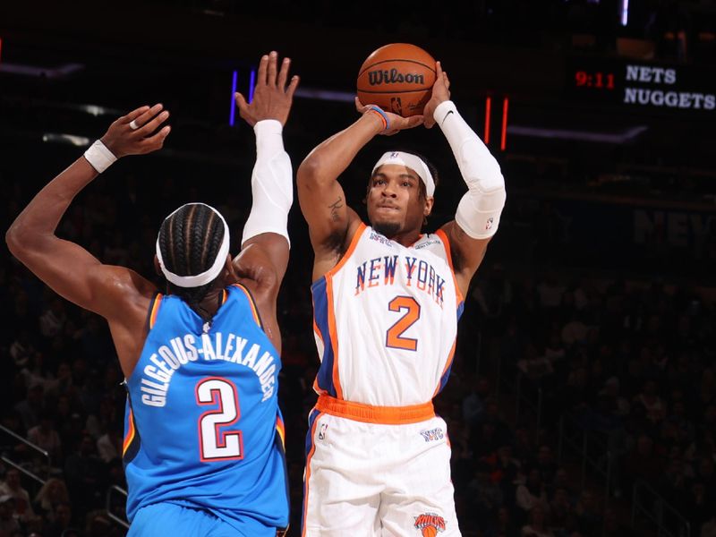 NEW YORK, NY - JANUARY 10:   Miles McBride #2 of the New York Knicks against the Oklahoma City Thunder on January 10, 2025 at Madison Square Garden in New York City, New York.  NOTE TO USER: User expressly acknowledges and agrees that, by downloading and or using this photograph, User is consenting to the terms and conditions of the Getty Images License Agreement. Mandatory Copyright Notice: Copyright 2024 NBAE  (Photo by Nathaniel S. Butler/NBAE via Getty Images)