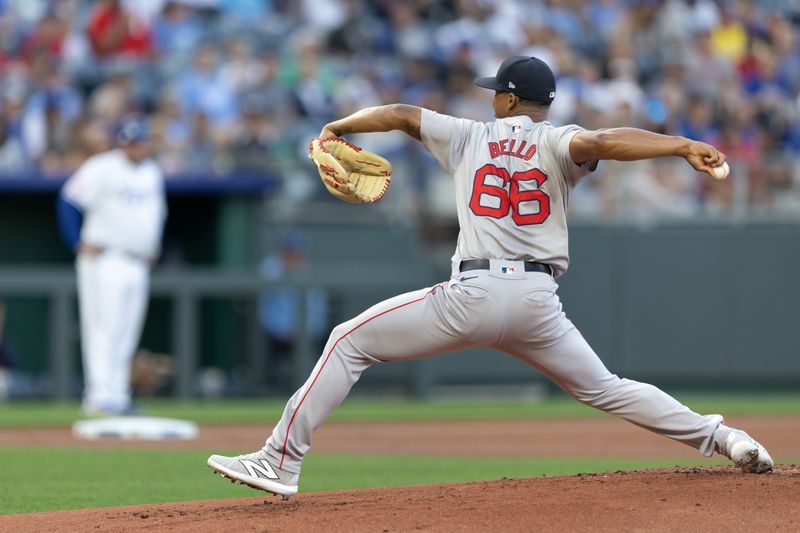 Aug 6, 2024; Kansas City, Missouri, USA;  Boston Red Sox pitcher Brayan Bello (66) pitches during the first inning against the Kansas City Royals at Kauffman Stadium. Mandatory Credit: William Purnell-USA TODAY Sports