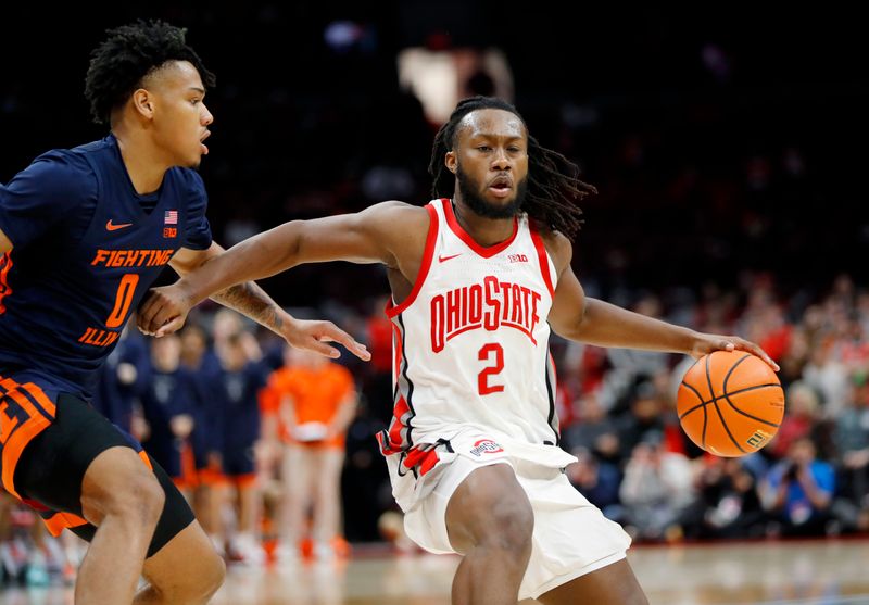 Feb 26, 2023; Columbus, Ohio, USA;  Ohio State Buckeyes guard Bruce Thornton (2) controls the ball as Illinois Fighting Illini guard Terrence Shannon Jr. (0) defends during the second half at Value City Arena. Mandatory Credit: Joseph Maiorana-USA TODAY Sports