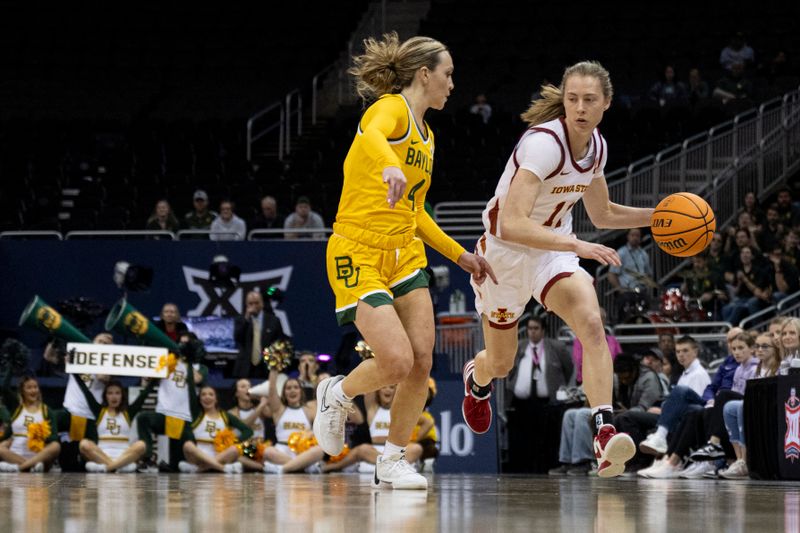 Mar 9, 2024; Kansas City, MO, USA; Iowa State Cyclones guard Emily Ryan (11) brings the ball up the court while defended by Baylor Lady Bears guard Jana Van Gytenbeek (4) during the second half at T-Mobile Center. Mandatory Credit: Amy Kontras-USA TODAY Sports