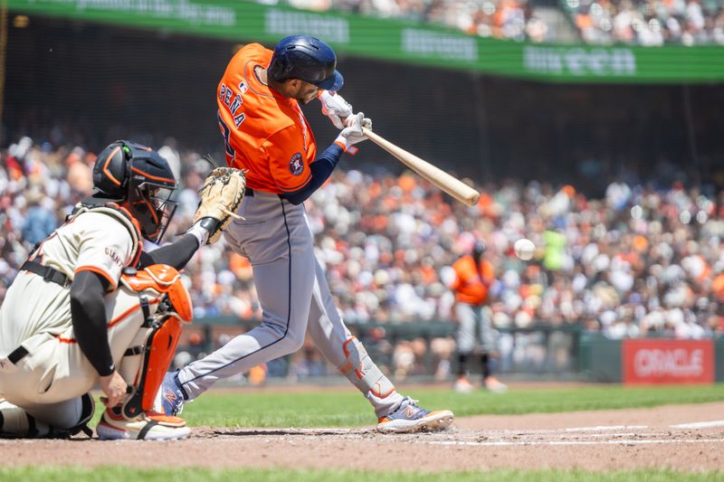 Jun 12, 2024; San Francisco, California, USA;  Houston Astros shortstop Jeremy Peña (3) drives in a run during the fourth inning against the San Francisco Giants at Oracle Park. Mandatory Credit: Bob Kupbens-USA TODAY Sports