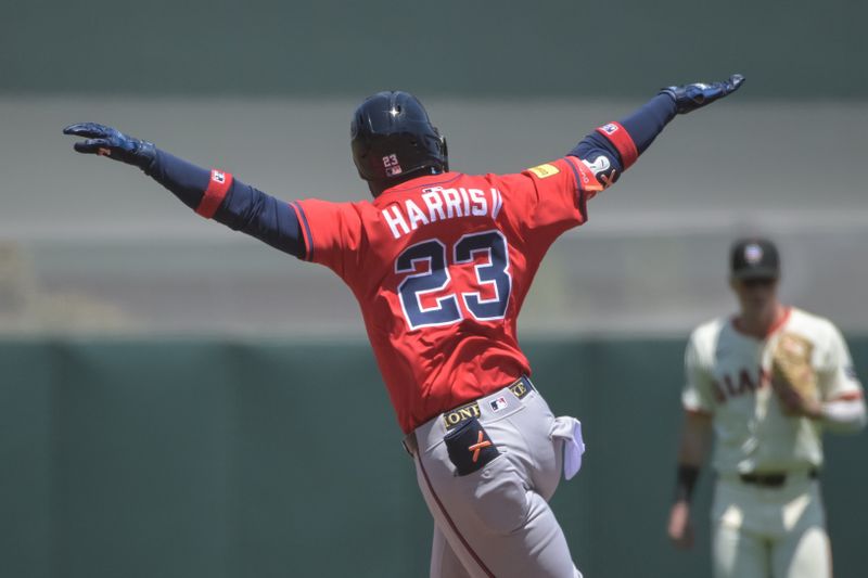 Jun 7, 2025; San Francisco, California, USA;  Atlanta Braves outfielder Michael Harris II (23) celebrates after hitting a home run against the San Francisco Giants during the fifth inning at Oracle Park. Mandatory Credit: Ed Szczepanski-Imagn Images