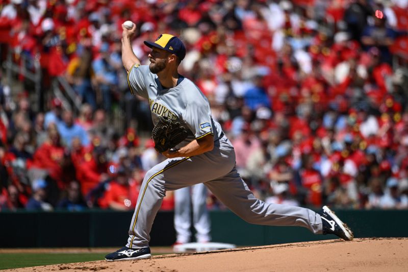 Apr 21, 2024; St. Louis, Missouri, USA; Milwaukee Brewers pitcher Colin Rea (48) pitches against the St. Louis Cardinals in the first inning at Busch Stadium. Mandatory Credit: Joe Puetz-USA TODAY Sports