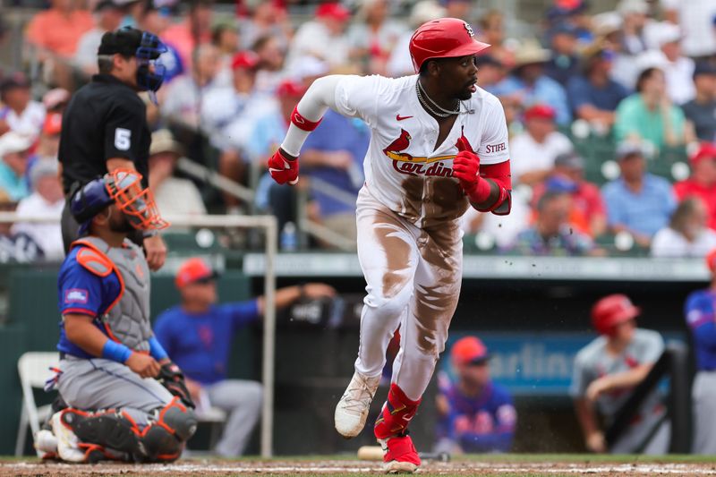 Mar 1, 2024; Jupiter, Florida, USA; St. Louis Cardinals right fielder Jordan Walker (18) circles the bases after hitting a triple against the New York Mets during the fourth inning at Roger Dean Chevrolet Stadium. Mandatory Credit: Sam Navarro-USA TODAY Sports