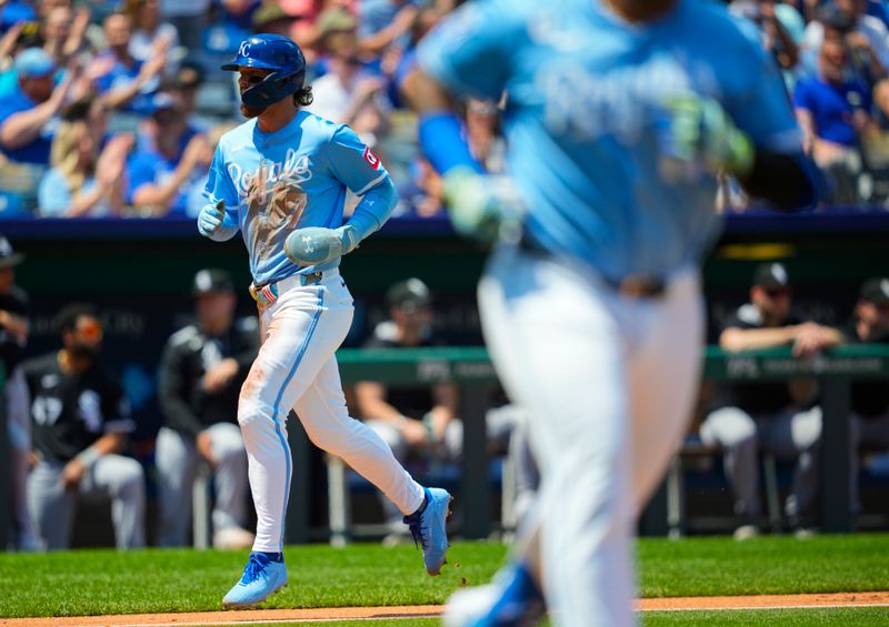 May 8, 2025; Kansas City, Missouri, USA; Kansas City Royals shortstop Bobby Witt Jr. (7) scores a run after a sacrifice fly by designated hitter Salvador Perez (13) during the third inning against the Chicago White Sox at Kauffman Stadium. Mandatory Credit: Jay Biggerstaff-Imagn Images