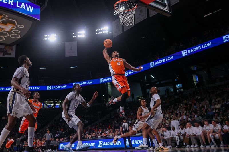 Jan 6, 2026; Atlanta, Georgia, USA; Syracuse Orange guard J.J. Starling (2) dunks against the Georgia Tech Yellow Jackets in the first half at McCamish Pavilion. Mandatory Credit: Brett Davis-Imagn Images